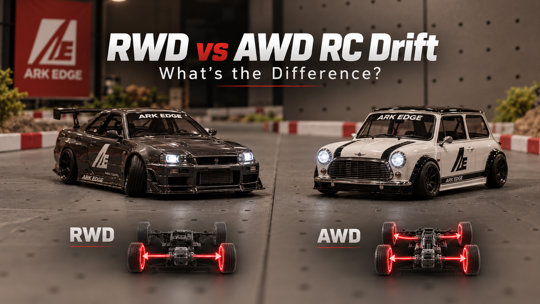 RWD vs AWD RC drift comparison showing rear-wheel drive and all-wheel drive drifting